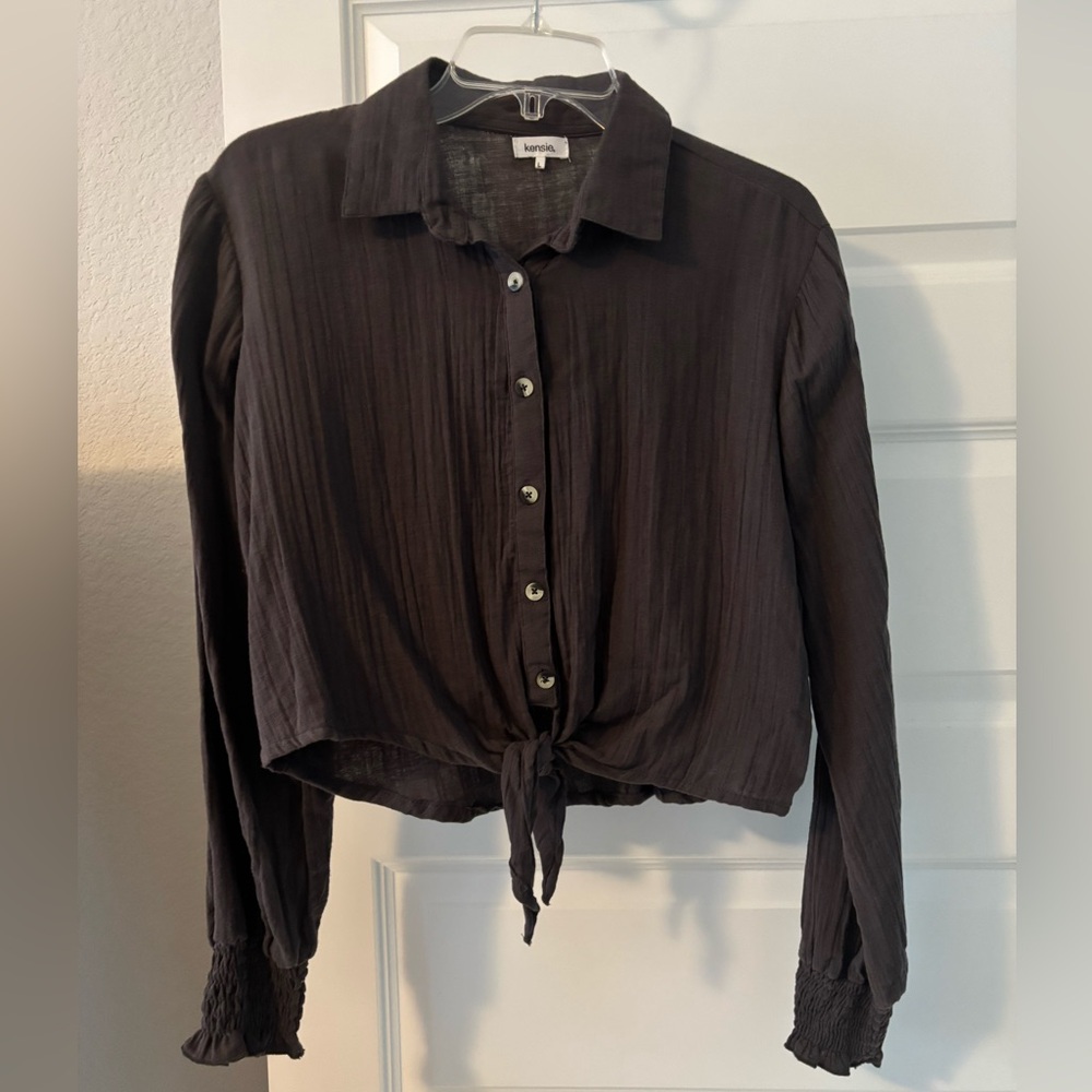 Kensie brown Button-Up cropped tie front top SZ L NWT long sleeve 100% cotton